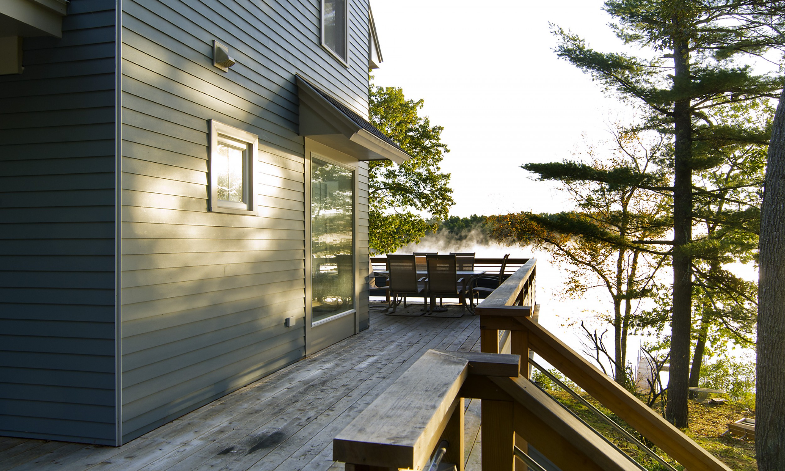 custom design, waterfront deck, Maine Architect, cedar railing, Hardiplank siding