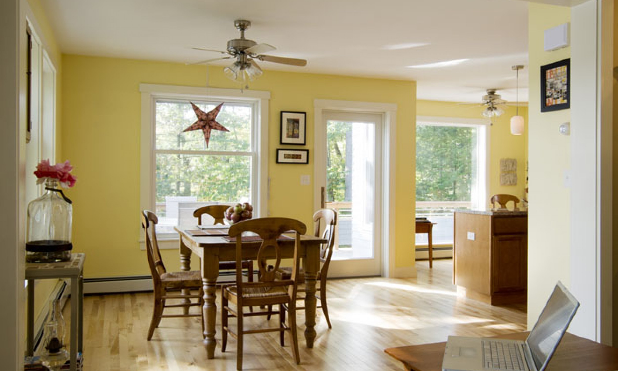bright dining room, Maine architect, Dining Room, Yellow walls