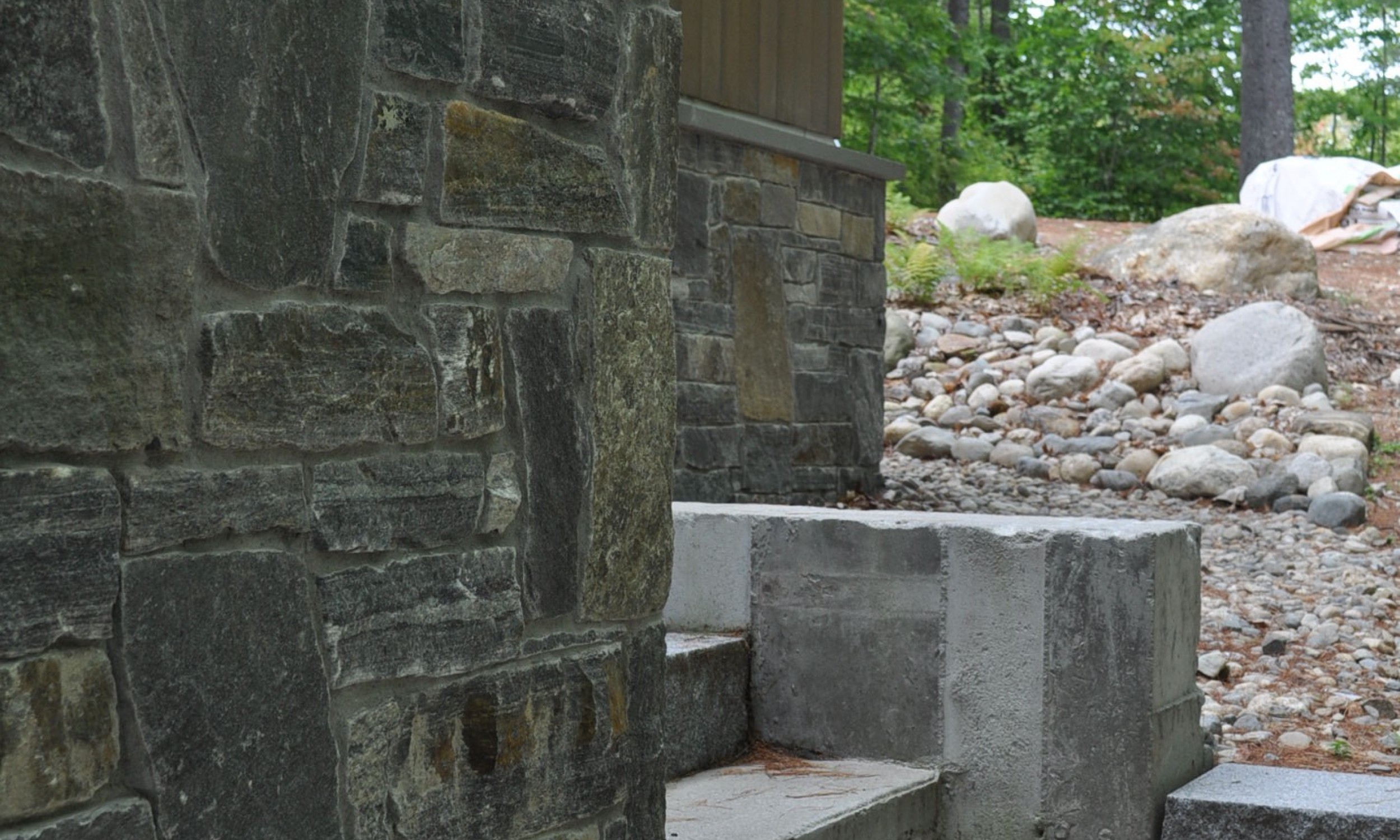 Stone wall, granite steps, Maine Architect