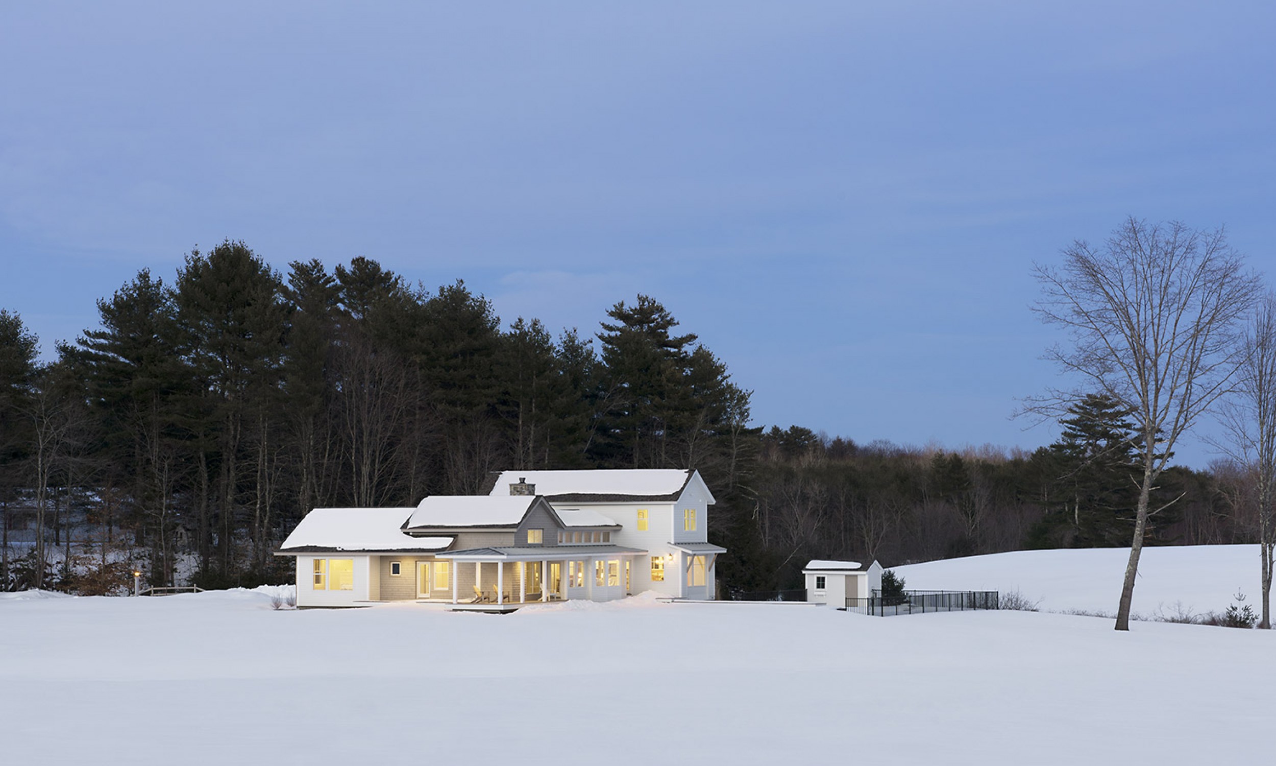Modern Farmhouse, cedar shingles, white siding, clapboards, Maine Architect, winter scene