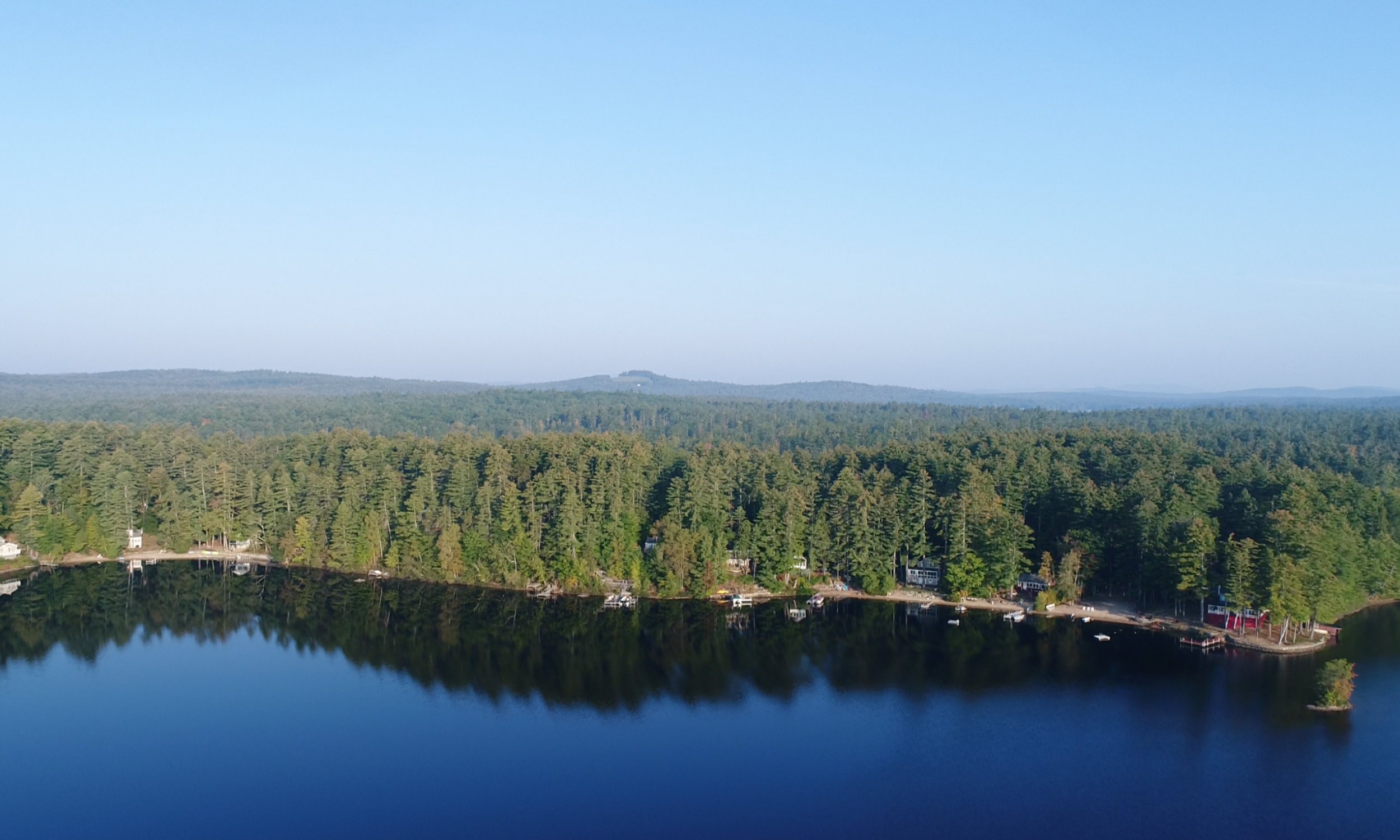 Mousam Lake Aerial view Mousam Lake by Drone, Cottage Renovation, Maine architect, waterfront cottage
