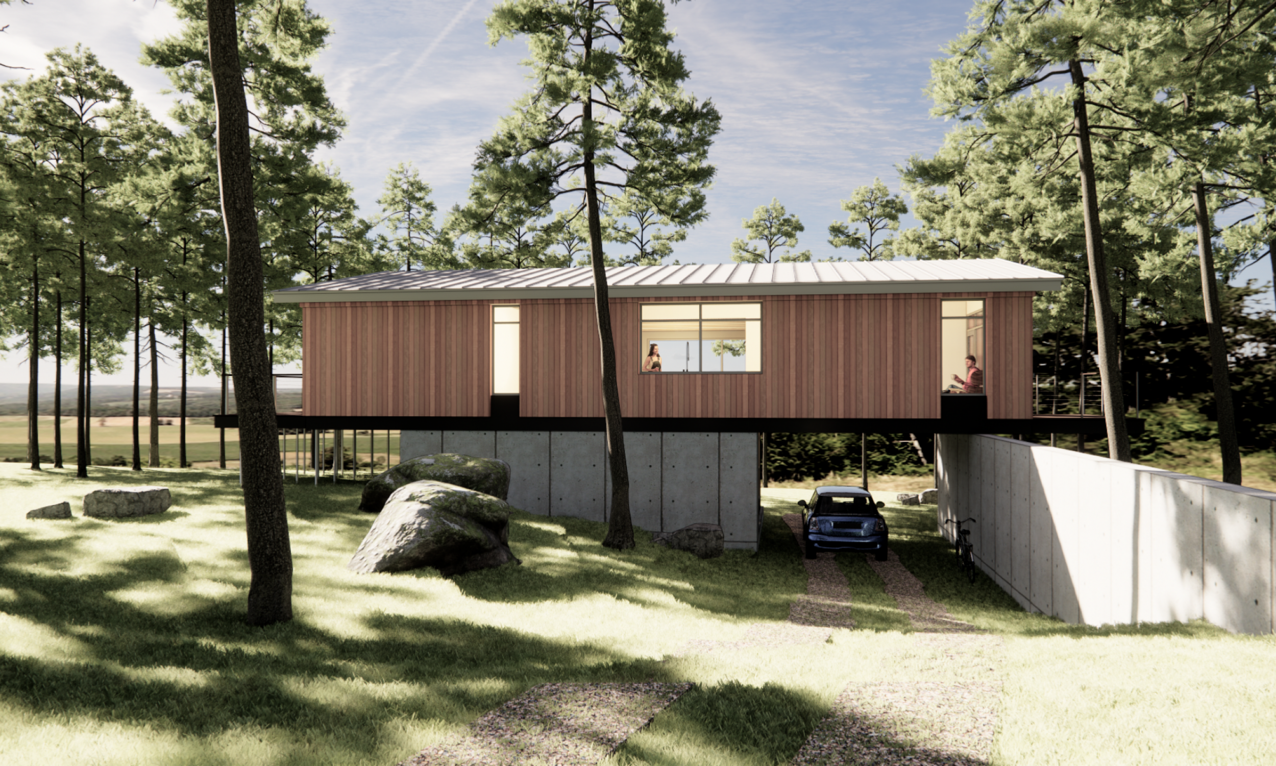 prefabricated design, cedar siding, carport, raised above the ground, Maine architect