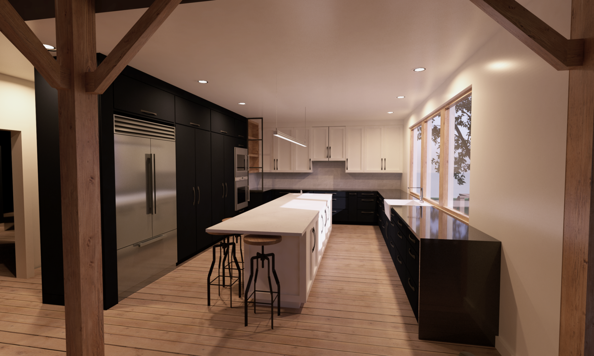 Renovation, new kitchen, Kitchen remodel, big windows, Vray