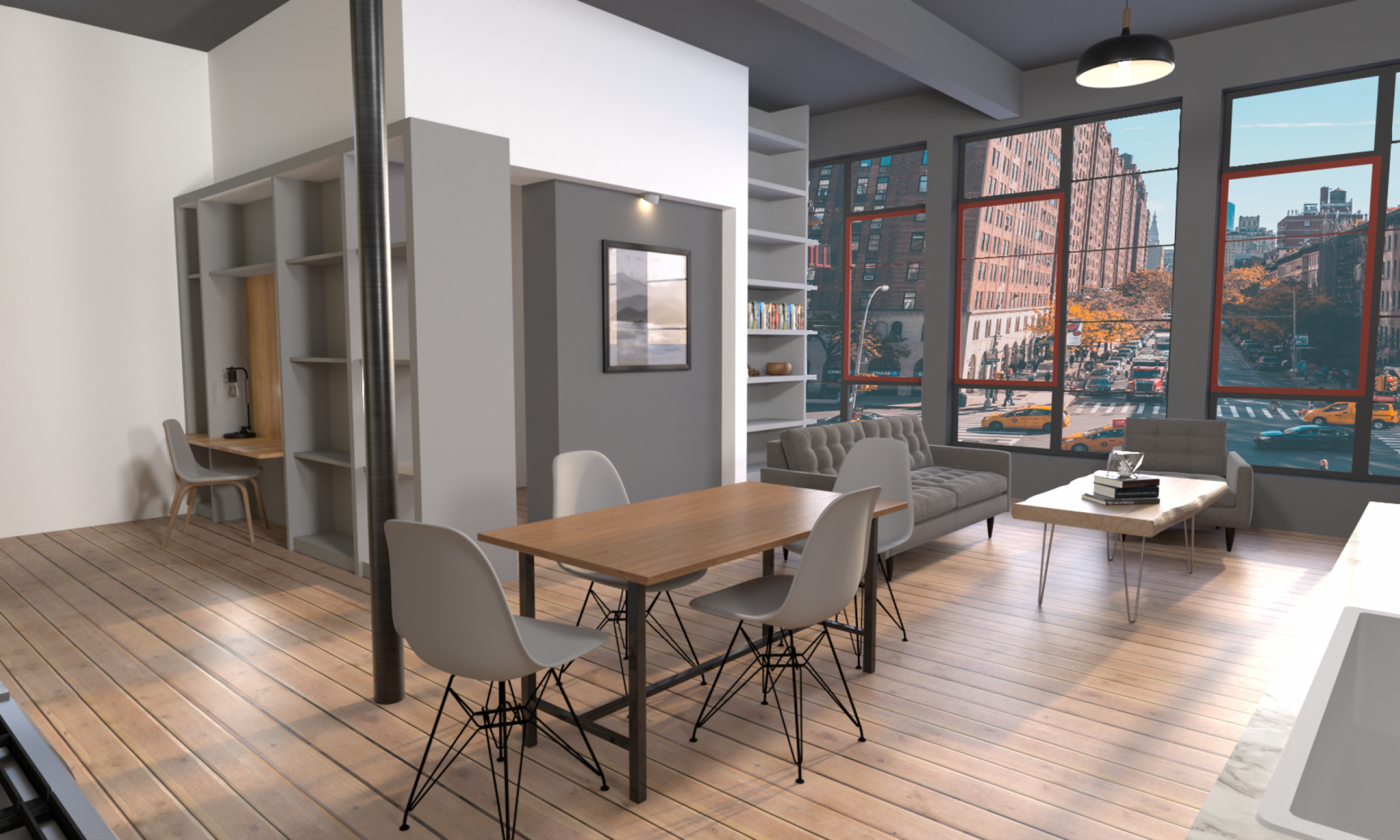 View with NY avenue photoshop overlay Urban loft, storefront glazing