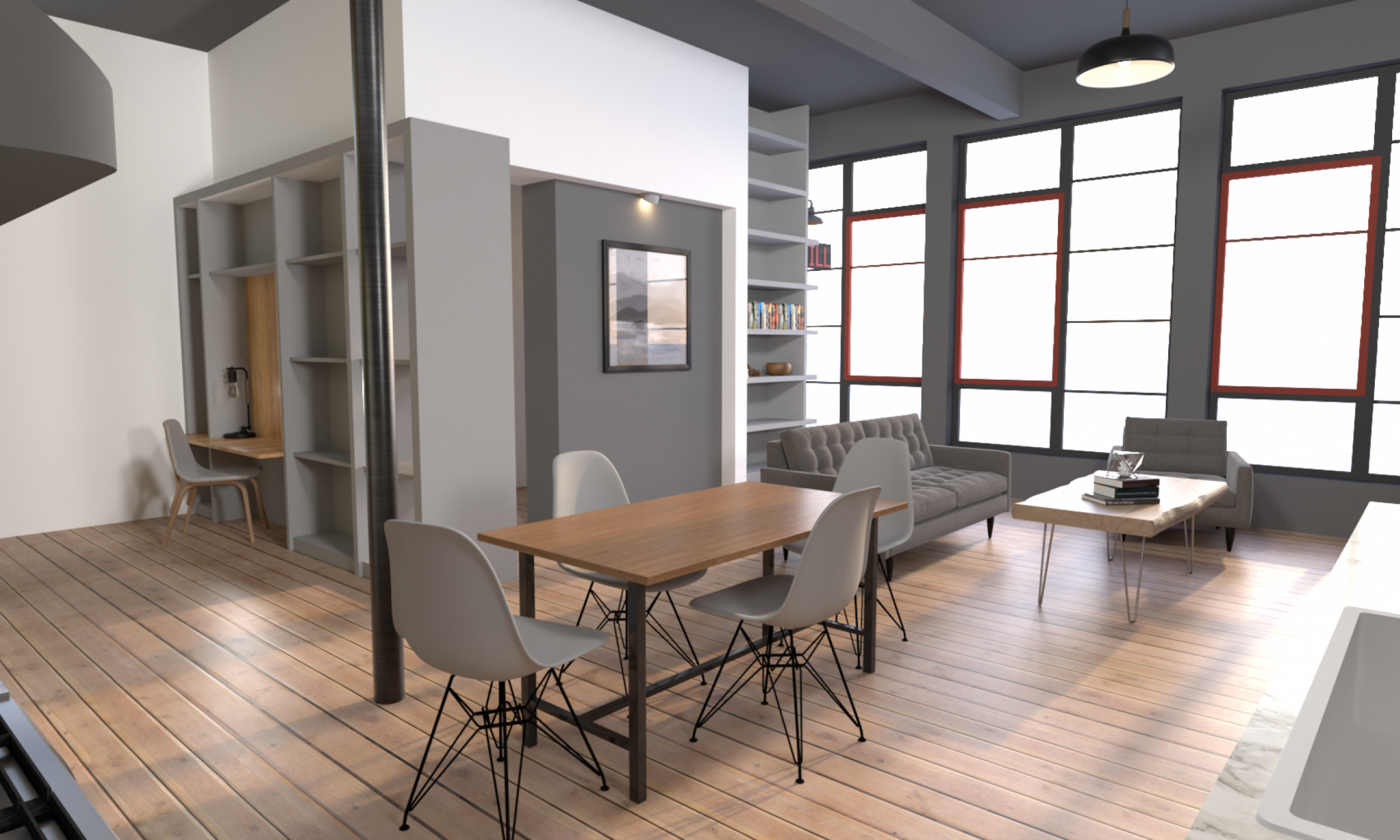Interior Rendering- vray design rendering, open loft, apartment, daylight, storefront, maine architect